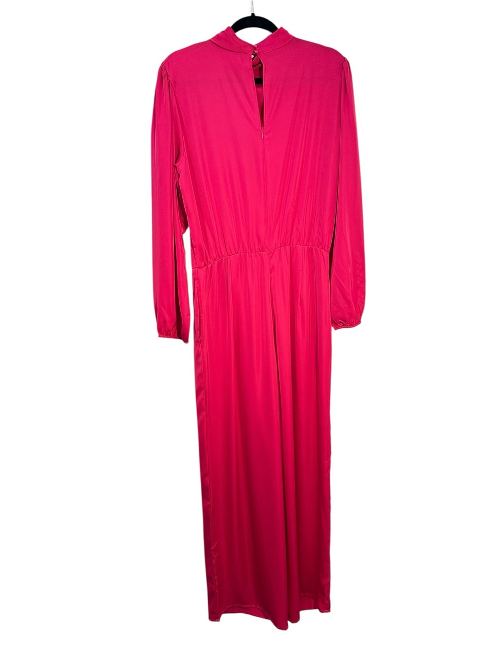 Fuchsia Satin Long-Sleeve Jumpsuit with Draped Neck - Picture 4 of 16
